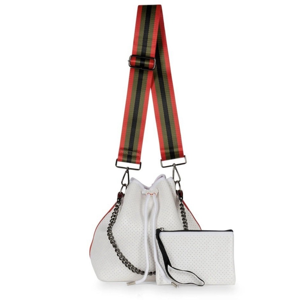 NEW Haute Shore White Neoprene‎ Bucket Bag Drawstring Chain Clutch Red Crossbody